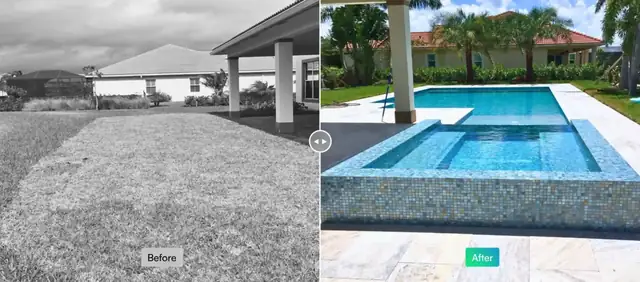 Before and after backyard renovation in Jupiter, FL: bare lawn turned into a pool with tiled spa and paver deck