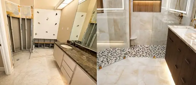 Before and after shower tiling in a Palm Beach, FL bathroom remodel with large stone-look tile and pebble floor