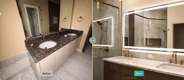 Before and after bathroom renovation in Palm Beach, FL with new vanity, lighted mirror and glass shower